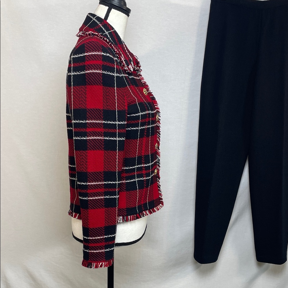 2 pc St. JOHN knit fringe jacket Plaid Red suit gold Black Women's Pants Set - Picture 8 of 17